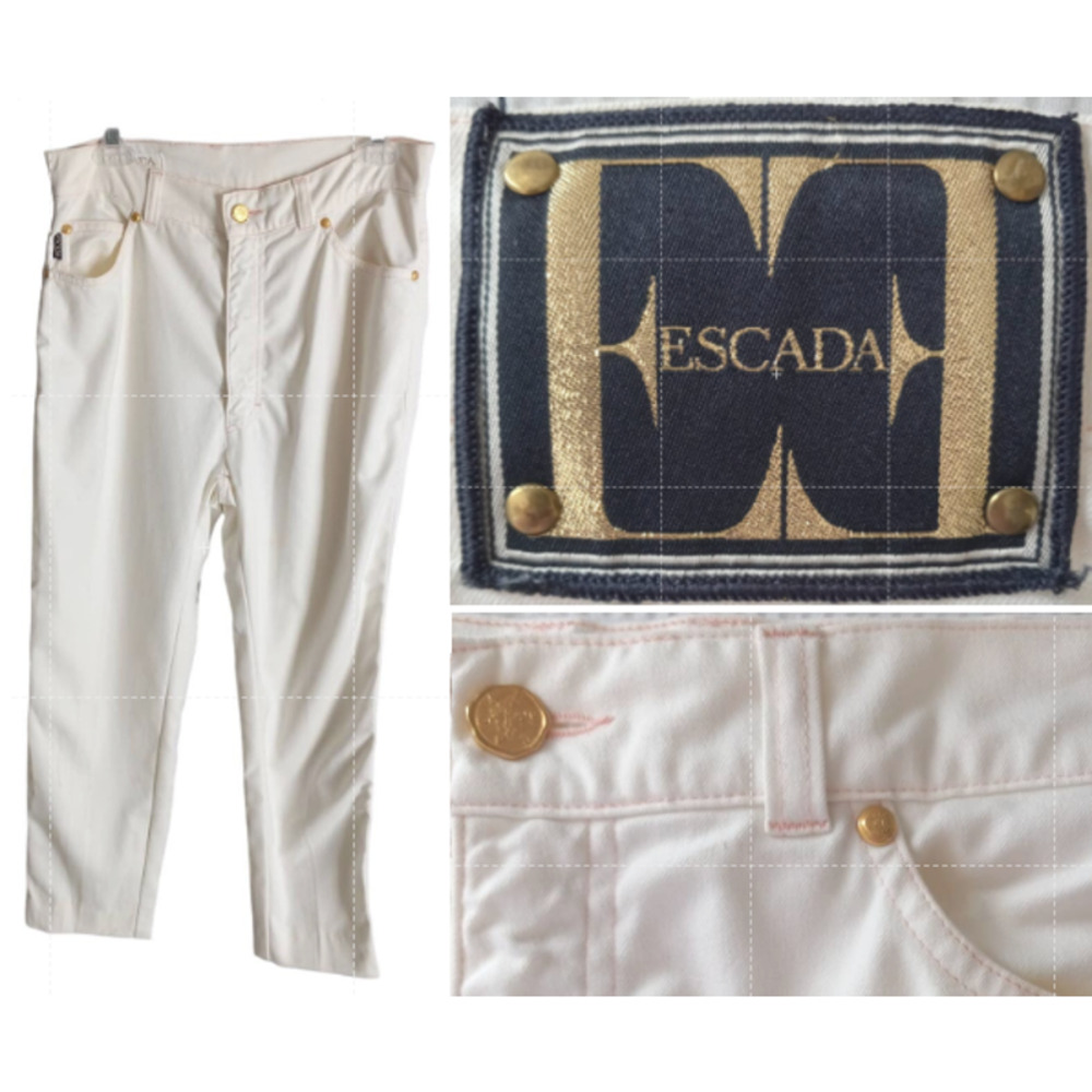 Escada | White Logo Patch Gold Hardware Cotton Stretch Tapered Ankle Jeans Pants
